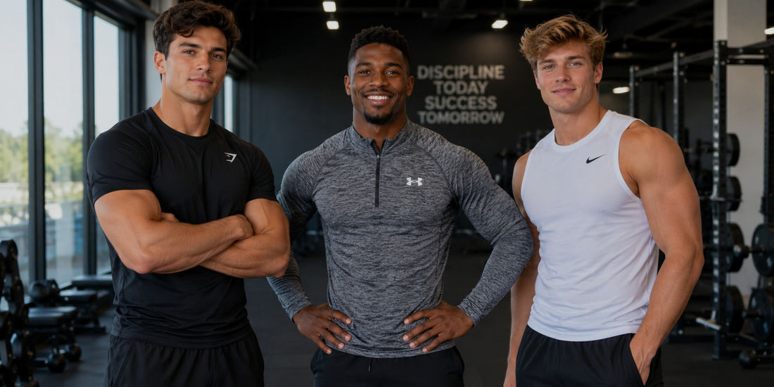 Three men posing in a gym setting with fitness equipment in the background.