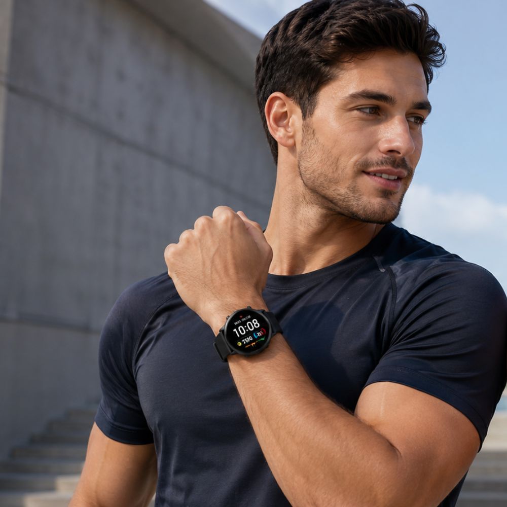 Man wearing a black t-shirt and smartwatch, standing against a concrete wall.