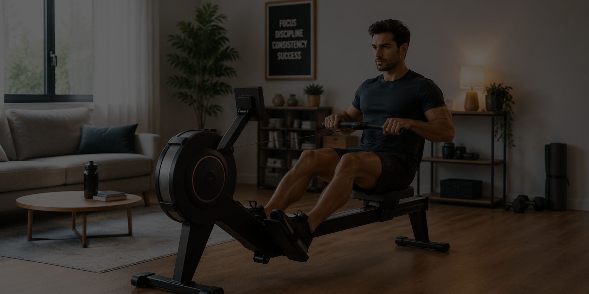Man using a rowing machine in a home setting