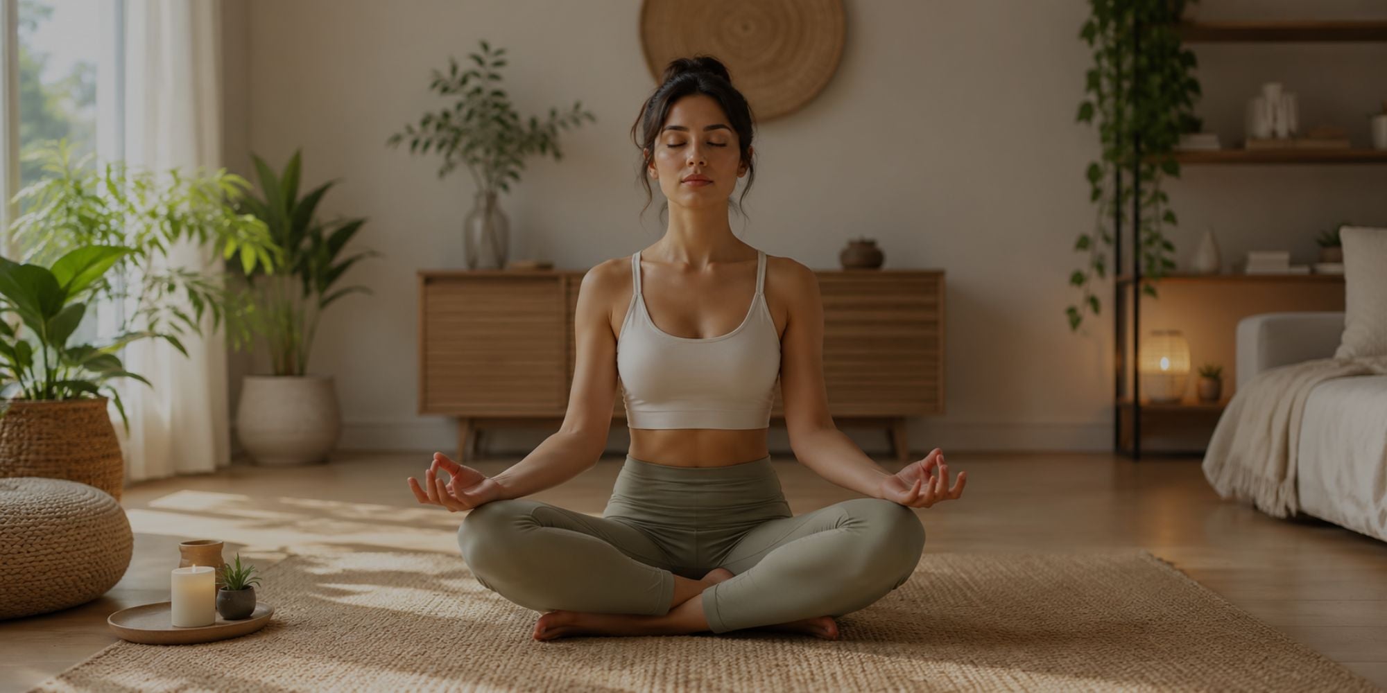 Woman meditating in a serene room with plants and candles