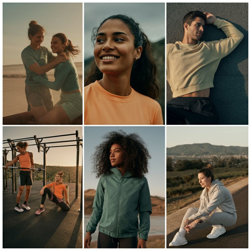 Collage of people outdoors in various settings, including a beach, mountains, and a park.